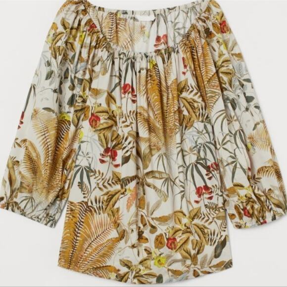 H&M Puff Sleeve Cotton Blouse Leaf Print Floral Small Summer Top Jungle - Picture 1 of 7